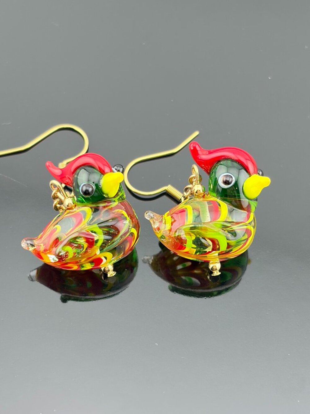 Red Green Duck Lampwork Glass Bead Handmade Earrings LR229